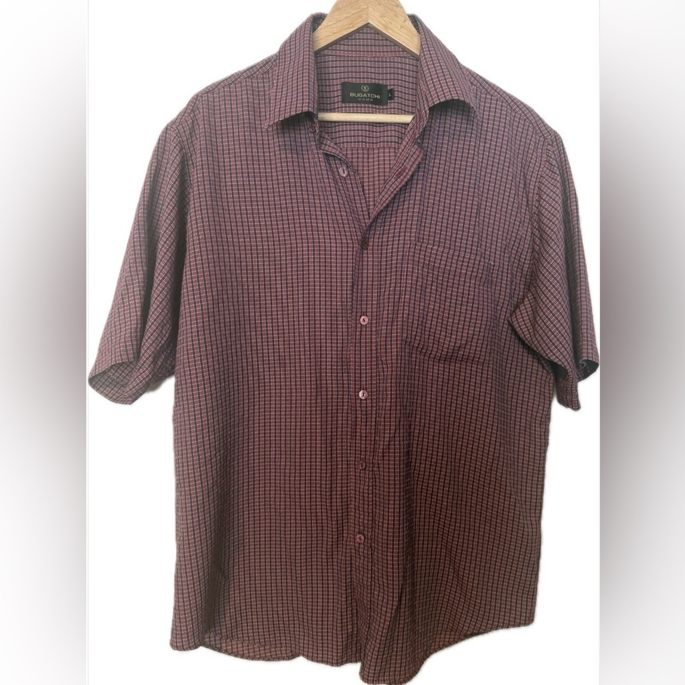 Bugatchi Uomo Men’s L Short Sleeve Button Down Red Blue Plaid Modal Shirt